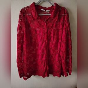 White Stag Y2K Plus Red Sheer Lace Collared Button Down Shirt 3X 22W/24W